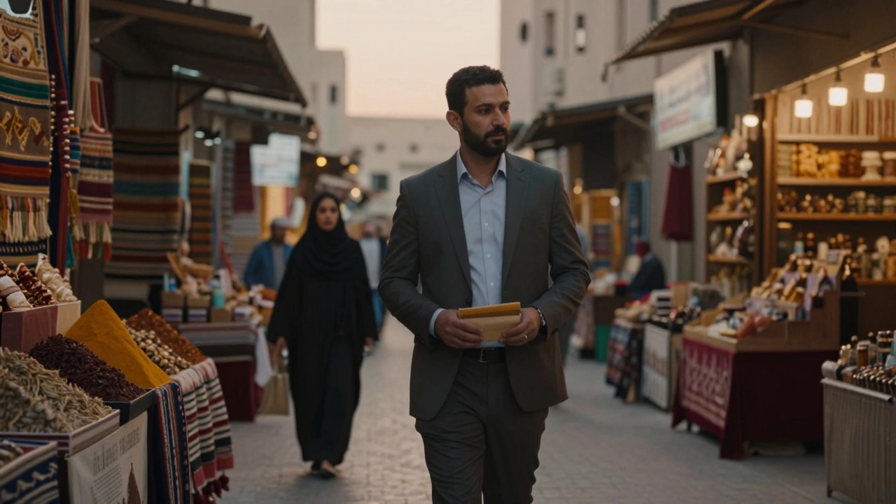 A man walks through a Dubai souk at dusk, while a veiled woman watches from afar.
