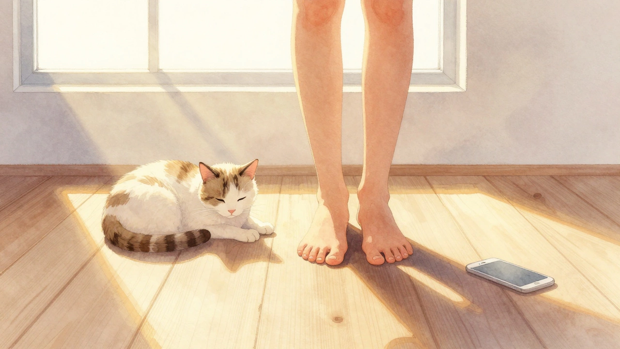 Bare feet on a sunlit wooden floor with a cat curled beside them, soft morning light streaming in.