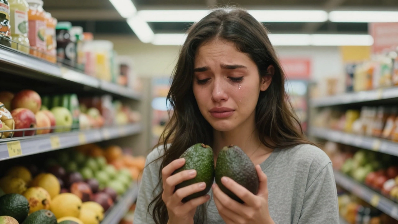 Jade Jayden crying quietly in a grocery store while holding two avocados, surrounded by fruit shelves.