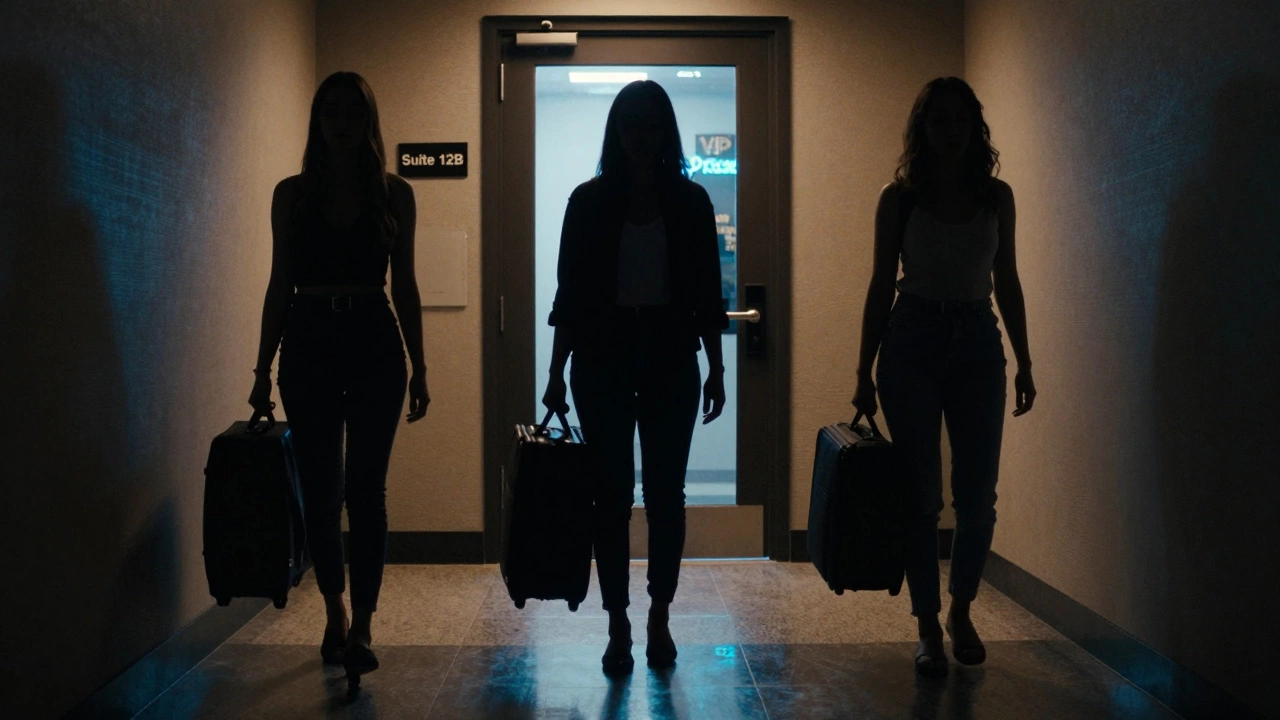Three women from different backgrounds carry luggage in a dim hallway, their faces hidden in shadow.